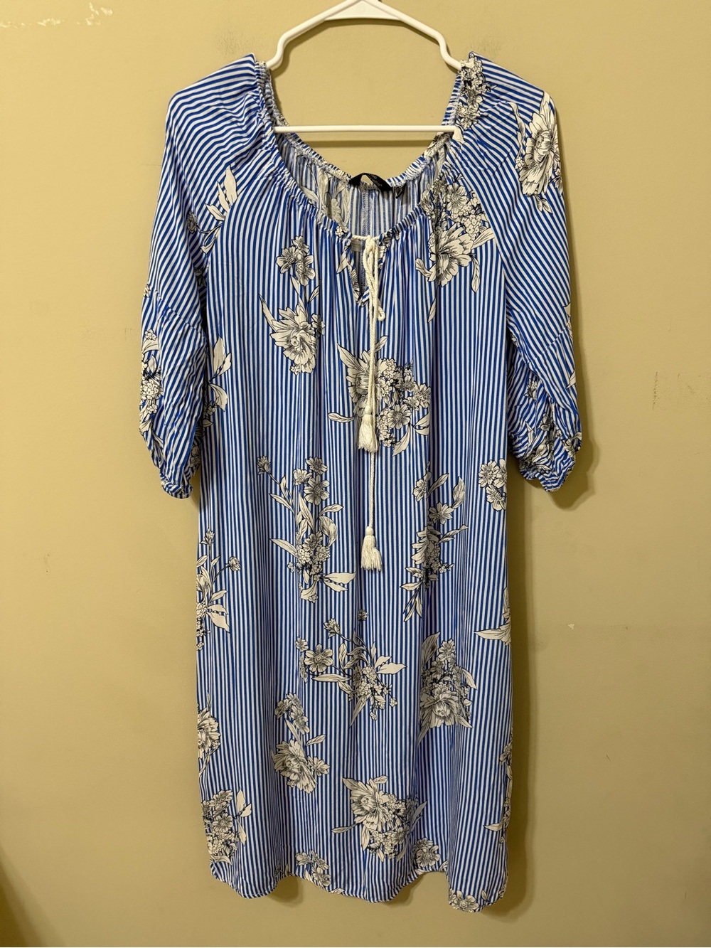 Mlle Gabrielle peasant tie neck Blue White Striped Floral Midi Dress xl nwot